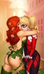 2girls ass batman_(series) biting_lip blonde_hair bodysuit breasts color cute dc female female_only harley_quinn human kissing large_ass leotard lesbian mask medium_breasts multiple_females orange_hair poison_ivy saneperson sideboob tears thighhighs yuri