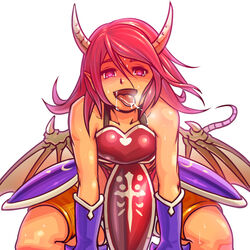 armor bare_shoulders collarbone cum dragon_girl dragon_horns dragon_tail female final_fantasy final_fantasy_tactics_a2 final_fantasy_tactics_advance gloves gria heart heart-shaped_pupils horns kneeling momigarakuntan monster_girl open_mouth pointy_ears red_eyes red_hair solo sweat symbol-shaped_pupils tail tongue tongue_out wings