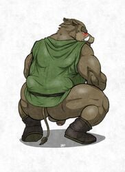 anthro ass balls blush boar bottomless clothing dragon_quest embarrassed fb1907 furry furry_only male male_only mooning orc_(dragon_quest) penis porcine solo