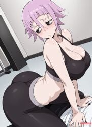 ai_generated ass_focus big_breasts black_dress blush boob_window bubbleteexl cleavage cleavage_overflow crona_(soul_eater) female female_focus female_only gym_clothes gym_shorts gym_uniform huge_breasts looking_at_viewer pink_hair rule_63 short_hair solo solo_female solo_focus soul_eater thick_ass thin_female