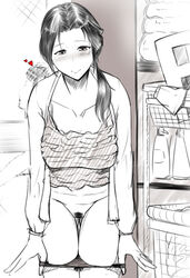 black_and_white breasts comic female idolmaster idolmaster_cinderella_girls kawashima_mizuki large_breasts long_hair male monochrome panties panty_pull pubic_hair pussy ring standing tanishi_(tani4) uncensored undressing