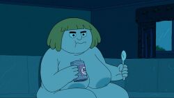 big_breasts blonde_female blonde_hair breasts brenda_shoop cartoon_network clarence couch dickergazer eating eating_food edit female female_only lonely mature_female milf naked night screencap screenshot screenshot_edit solo spoon tagme watching_tv