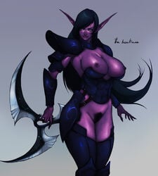 big_breasts black_hair blackchain_(rennes) breasts elf female glaive hair night_elf nipples pointy_ears pubes purple_skin pussy solo standing unconvincing_armor video_games warcraft weapon world_of_warcraft