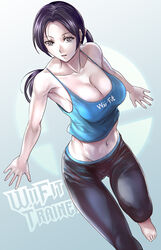 1girls black_hair breasts cleavage female female_only large_breasts long_hair navel nintendo ponytail solo spandex tank_top text tied_hair toes whistlerx white_skin wii_fit wii_fit_trainer yoga_pants