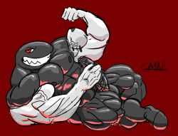 abs biceps black_body bullet_bill flexing male_only mario_(series) muscular nintendo non-human non-human_head non-human_only omn10usly pecs penis red_background red_eyes signature simple_background smiling_at_viewer stroking_penis tagme white_arms