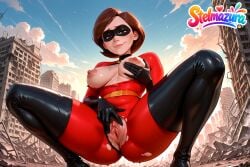 1girl ai_assisted ai_generated bodysuit boots breasts brown_eyes brown_hair building city clitoris cloud destruction disney domino_mask elastigirl gloves grabbing_own_breast helen_parr large_breasts lips looking_at_viewer mask nipples outdoors patreon pixar pussy ruins short_hair skin_tight sky smile solo spread_legs spread_pussy squatting stelmazura superhero the_incredibles the_incredibles_2 thigh_boots thighhighs torn_bodysuit torn_clothes uncensored waifu