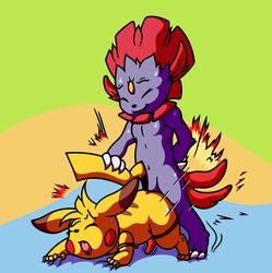 anal anal_sex bestiality duo eroborus feral flygon_(artist) fur interspecies male male_only nintendo penetration penis pikachu pokemon sweat video_games weavile yaoi zoophilia