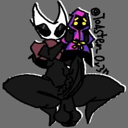 1boy 1futa artist_signature balls black_skin breasts cock dick dickgirl enter_the_gungeon eyelashes eyeshadow fully_clothed_male futanari held_up hollow_knight hood_up hornet_(hollow_knight) impossible_fit intersex larger_futa legs_spread loose_clothes male nintendo_direct nipples penis robe scared_expression self_upload slim_waist squatting the_cultist_(enter_the_gungeon) to4ster-0v3n_(artist) underboob