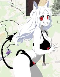 1girls animal_ears cerberus_(helltaker) demon_girl demon_tail dog_ears dog_girl helltaker looking_at_viewer red_eyes solo_female tagme underwear underwear_only white_hair white_skin wplace