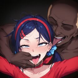 1boy 1girl 1girls ai_generated blue_eyes blue_hair blush breasts dark-skinned_male dark_skin dark_skinned_male female hair_ornament hair_scrunchie hairclip hetero interracial large_breasts long_hair male minority miside mita_(miside) nipples nude open_mouth penis ponytail scrunchie