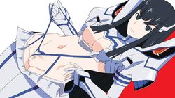 1girls armor bikini_armor black_hair blue_eyes breasts cleavage coldcrush female female_pubic_hair garter_straps hourglass_figure junketsu kill_la_kill kiryuuin_satsuki long_hair navel panties_aside panty_pull pubic_hair pussy solo suspenders uncensored very_long_hair voluptuous