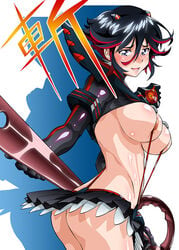 1girls areola_slip ass black_hair blue_eyes blush breast_press breasts busty female female_only highlights kill_la_kill large_breasts matoi_ryuuko navel nipples scissor_blade senketsu short_hair skirt solo suspenders two_tone_hair umedama_nabu voluptuous weapon