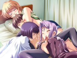 1boy 3girls alicia_rowlands bed blonde_hair female game_cg kana_yuzuki magical_teacher_sensei_wa_majo? mariko_orikura multiple_girls penis pillow purple_hair short_hair uncensored