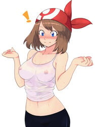 areolae bandana blue_eyes breasts brown_hair erect_nipples female human human_only may_(pokemon) navel nintendo nipples no_bra pokemon see-through sheer short_hair shorts suroshi surprised sweat sweatdrop