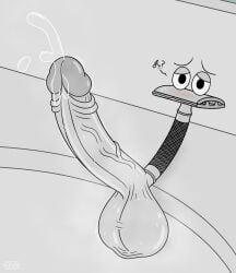 1boy balls begging big_balls big_penis blush blush eyes genitals hyper hyper_balls hyper_genitalia hyper_penis inanimate_object looking_at_viewer male male_only penis precum r0b0t razor safety_razor teasing