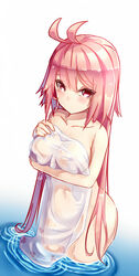 antenna_hair areolae breasts collarbone covering covering_breasts dev female highres large_breasts long_hair nude pink_eyes pink_hair see-through solo towel very_long_hair wading water wet