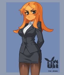 big_breasts big_titties blue_eyes breasts curvaceous curvaceous_female curvaceous_figure curvy curvy_figure curvy_hips female female_focus female_only ivy_(dsand) long_hair looking_at_viewer my_ghost_friend office_clothing office_lady or_draws orange_hair orange_skin power_suit stern_expression suit thigh_highs