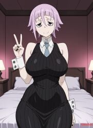 ai_generated big_breasts black_dress bubbleteexl cleavage cleavage_overflow crona_(soul_eater) female female_focus female_only huge_breasts looking_at_viewer peace_sign pink_hair rule_63 short_hair solo solo_female solo_focus soul_eater thin_female tight_dress