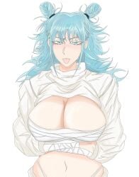arms_crossed arms_under_breasts bandage bandages belly big_breasts blue_eyes blue_hair breasts cleavage cleavage_overflow cute cute_face darkmonday21 double_bun female female_focus female_only genderswap_(mtf) jujutsu_kaisen kashimo_hajime looking_at_viewer rule_63 sexy sexy_body sexy_female solo solo_female solo_focus thong_straps tongue tongue_out tummy