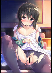 areolae bar_censor bare_shoulders black_hair black_legwear breasts breasts_out censored female hair_between_eyes highres hinasaki kitayama_shizuku leg_up mahouka_koukou_no_rettousei medium_breasts nipples no_bra no_panties open_clothes open_mouth open_shirt pantyhose payot puffy_nipples purple_eyes pussy pussy_juice school_uniform short_hair sitting spread_legs sweat torn_clothes torn_pantyhose undressing