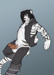 2013 anthro balls black_hair boots clothing feline furry green_eyes hair looking_at_viewer male male_only noswift open_clothes open_shirt pants penis shirt solo tattoo tiger white_tiger