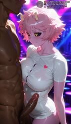 1boy 1girls ai_generated ashido_mina black_sclera blush boku_no_hero_academia bottomless breast_press breasts closed_mouth clothed_female_nude_male collarbone colored_sclera colored_skin dark-skinned_male dark_skin erection heart horns indoors interracial large_breasts looking_at_another male_pubic_hair meitabuu my_hero_academia naked_shirt nipples no_pants nude penis pink_hair pink_skin pubic_hair shirt short_hair short_sleeves smile solo_focus stadiummina_ashido straight taut_clothes taut_shirt testicles tight_clothes uncensored veins veiny_penis white_shirt yellow_eyes