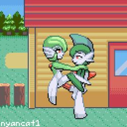 1boy 1girls alternate_version_available animated carrying_partner equine_penis eye_contact gallade gardevoir green_hair hands_on_shoulders happy_sex holding_thighs huge_cock nyancat1 outside pixel_art pokemon pokemon_dppt pokemon_rse self_upload standing_sex stomach_bulge