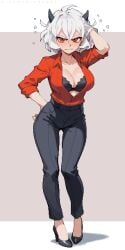 1girls 2d archapxl cleavage female fully_clothed heels helltaker horns light_skin looking_at_viewer malina_(helltaker) pixel_art red_eyes solo solo_female tagme white_hair