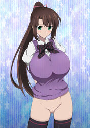 1girls blush bottomless breasts brown_hair censored clothing female green_eyes hair_ribbon huge_breasts innie_pussy kirasaka_sayaka legwear long_hair no_panties ponytail pussy ribbon smile strike_the_blood tied_hair