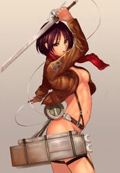 1girls abs attack_on_titan black_hair breasts brown_eyes cleavage female jacket mikasa_ackerman navel scarf short_hair solo standing straps sword weapon whistlerx