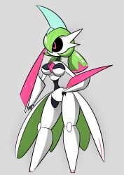 dar-k-ng female female_focus female_only female_pokemon green_hair hand_on_hip iron_valiant large_breasts nintendo paradox_pokemon pink_eyes pokémon_(species) pokemon robot robot_girl robot_joints skinny slender_waist white_background