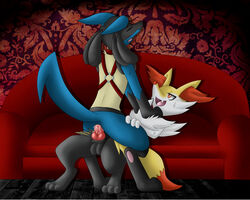 anal anal_sex anus ass braixen canine canine_penis chrome-mmvii_(artist) closed_eyes fennec fox from_behind furry furry_only gay harness kuro-no-yuki_(artist) lucario male nintendo penetration penis pokemon pokemon_(species) precum raised_tail sex sofa sweat video_games