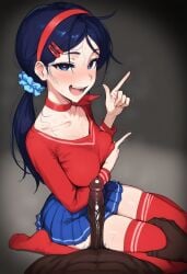 1boy 1girl 1girls ai_generated blue_eyes blue_hair blush breasts choker clothed_female_nude_male covered_nipples dark-skinned_male female girl_on_top hair_ornament hair_scrunchie hairband hairclip hetero index_finger_raised long_hair long_sleeves looking_at_viewer male minority miside mita_(miside) nude open_mouth penis pleated_skirt pointing red_legwear scrunchie shirt skirt smile solo_focus straddling thighhighs