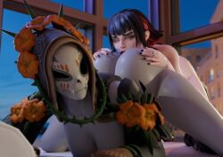 age_difference anal anal_sex anilingus anilingus_from_female ass_eating ass_focus ass_grab big_ass big_breasts black_clothing black_hair catrina_(fortnite) goth_girl green_vines grey_body hood lesbian_couple lesbian_sex light-skinned_female mexican_female moaning_in_pleasure morgan_myst_(fortnite) older_female_and_younger_female orange_flower pussy_juice pussy_licking yuri yuri