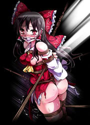 ass ball_gag black_hair bondage crotch_rope female female_only gag highres human knotted_rope lilish reimu_hakurei ribbon solo touhou