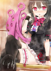 asymmetrical_wings black_hair black_legwear blush bow crossed_legs cum cum_on_body cum_on_lower_body dress female leg_garter long_hair nue_houjuu oouso_(usotsukiya) red_eyes sauna sitting solo sweat thighhighs touhou wings wristband