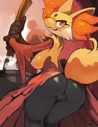 anthro ass bittenhard black_fur breasts brewing canine delphox female fox fur furry looking_at_viewer magic_user mahoxy nintendo pokémon_(species) pokemon pot pussy red_fur video_games witch witchcraft