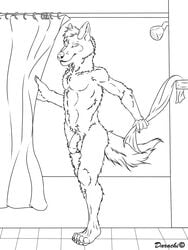 anthro bathroom bathtub canine curtains darachi furry humanoid ink male male_only muscles nathaniel penis plantigrade scruffy shower solo standing towel wolf