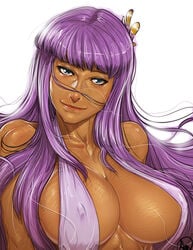 1girls alternate_skin_color athena_(saint_seiya) big_breasts bikini blue_eyes breasts dark-skinned_female dark_skin female ganassa goddess hair long_hair purple_hair saint_seiya saori_kido shounen_jump sling_bikini tanned