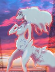 1girls blue_eyes breasts cainethelongshot female female_only fluffy furry hair nintendo nipples original_character pokemon pokemon_bw pokemorph pokephilia pregnant reshiram sara_denova seductive video_games