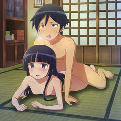 1boy 1girls bangs blunt_bangs blush breasts breath female gokou_ruri heavy_breathing hime_cut indoors kousaka_kyousuke long_hair lying moaning mole mont_blanc_(heartcatch_ayaya) nipples nude on_floor on_stomach open_mouth ore_no_imouto_ga_konna_ni_kawaii_wake_ga_nai prone_bone sex tatami