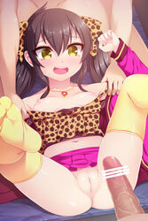 black_hair blush breasts clothing female fujimiya_yuu idolmaster idolmaster_cinderella_girls jewelry leopard_print long_hair male matoba_risa navel necklace no_panties open_mouth penis pussy shirt shirt_pull skirt skirt_lift small_breasts spread_legs tears thighhighs tied_hair twintails yellow_eyes young