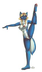 anthro blue_fur breasts canine female fur furry looking_at_viewer maxxmissions nude pussy raised_leg solo stretching wolf