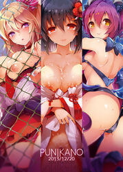 3girls ass between_breasts black_hair blonde_hair breasts cum fence flower hair_flower hair_ornament highres multiple_girls necktie necktie_between_breasts nipples original panties pink_hair purple_eyes pussy_juice pyon-kichi red_eyes short_hair tears underwear yellow_eyes