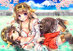 2girls ahoge bare_shoulders black_hair blush boots breasts brown_eyes brown_hair cherry_blossoms cleavage cowgirl_position detached_sleeves double_bun female fukase_ayaka hair_ornament hairband hairclip haruna_(kantai_collection) hug japanese_clothes kantai_collection kongou_(kantai_collection) large_breasts long_hair mountain multiple_girls nipples off_shoulder onsen open_mouth partially_submerged personification purple_eyes see-through sheer smile thigh_boots thighhighs water wet wet_clothes wet_hair yuri