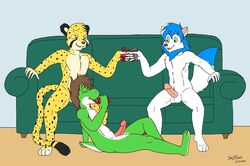 2013 anthro arcticsnow1 cheetah erection feline fur furry geoff_(yoshi) liox male male_only mario_(series) multiple_males nintendo nude penis sitting smsfoxx sodapenis sofa yaoi yoshi zach_(gamerfox)