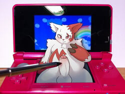 balls big_penis chubby gaming kori-nio male male_only nintendo nintendo_3ds nintendo_ds pen penis pokemon pokemon_(species) rainbow red_eyes stylus video_games what zangoose