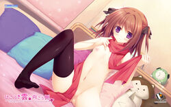 16:10 artist_request bed beige_skin blush bow breasts brown_hair character_request clock closed_mouth color female female_only front_view game.style hair hairbow hikoukigumo_no_mukougawa indoors looking_at_viewer navel nipples open_eyes pillow plushie purple_eyes scarf sitting small_breasts solo source_request text translation_request vulva