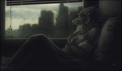 anthro bed black_nose breasts canine city color crying depressed female female_only fur furry furry_breasts furry_ears green_eyes greyscale half_covered hug indoors lonely nipple_piercing nipple_ring nipples nude open_eyes photorealism piercing pointy_ears rain rain_on_window sad self_hug side_view sitting solo star_(artist) topless whiskers window wolf