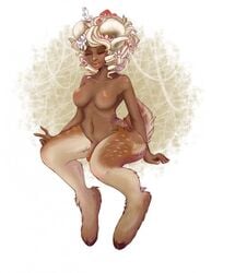 1futa blush boopeep breasts brown_fur brown_skin caprine closed_eyes color dickgirl faun flower fur furry_tail futanari goat hair hair_flower hooves horns intersex intersex_only mushroom mythology nipples nude penis raised_tail satyr sitting solo tail white_hair